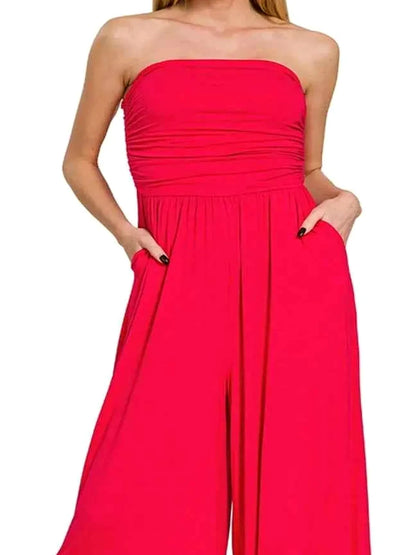 Double Layered Strapless Tube Top Jumpsuit in RUBY – fabric and detail close-up