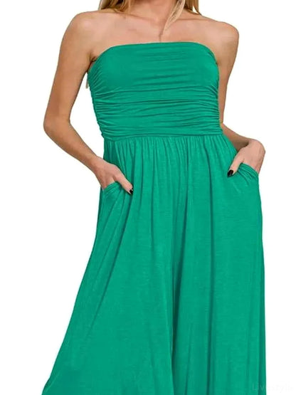 Double Layered Strapless Tube Top Jumpsuit in K GREEN — detail view — Livostyle