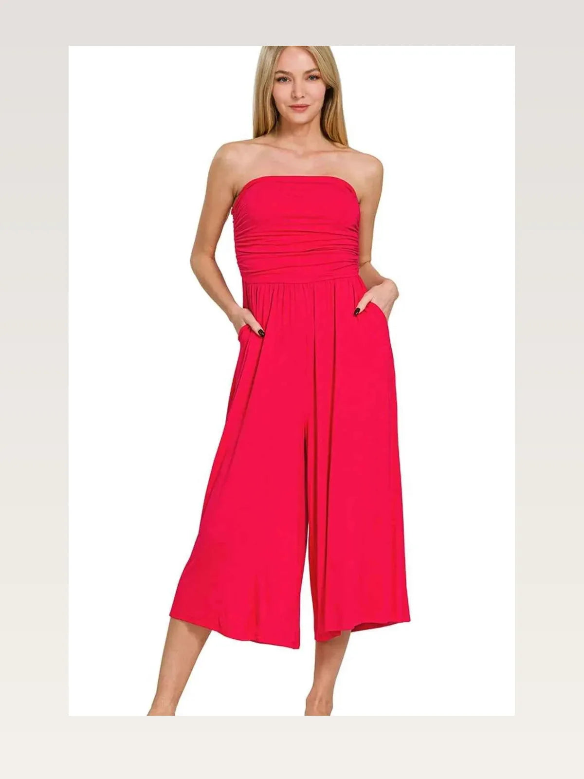 Double Layered Strapless Tube Top Jumpsuit in RUBY – styled outfit view