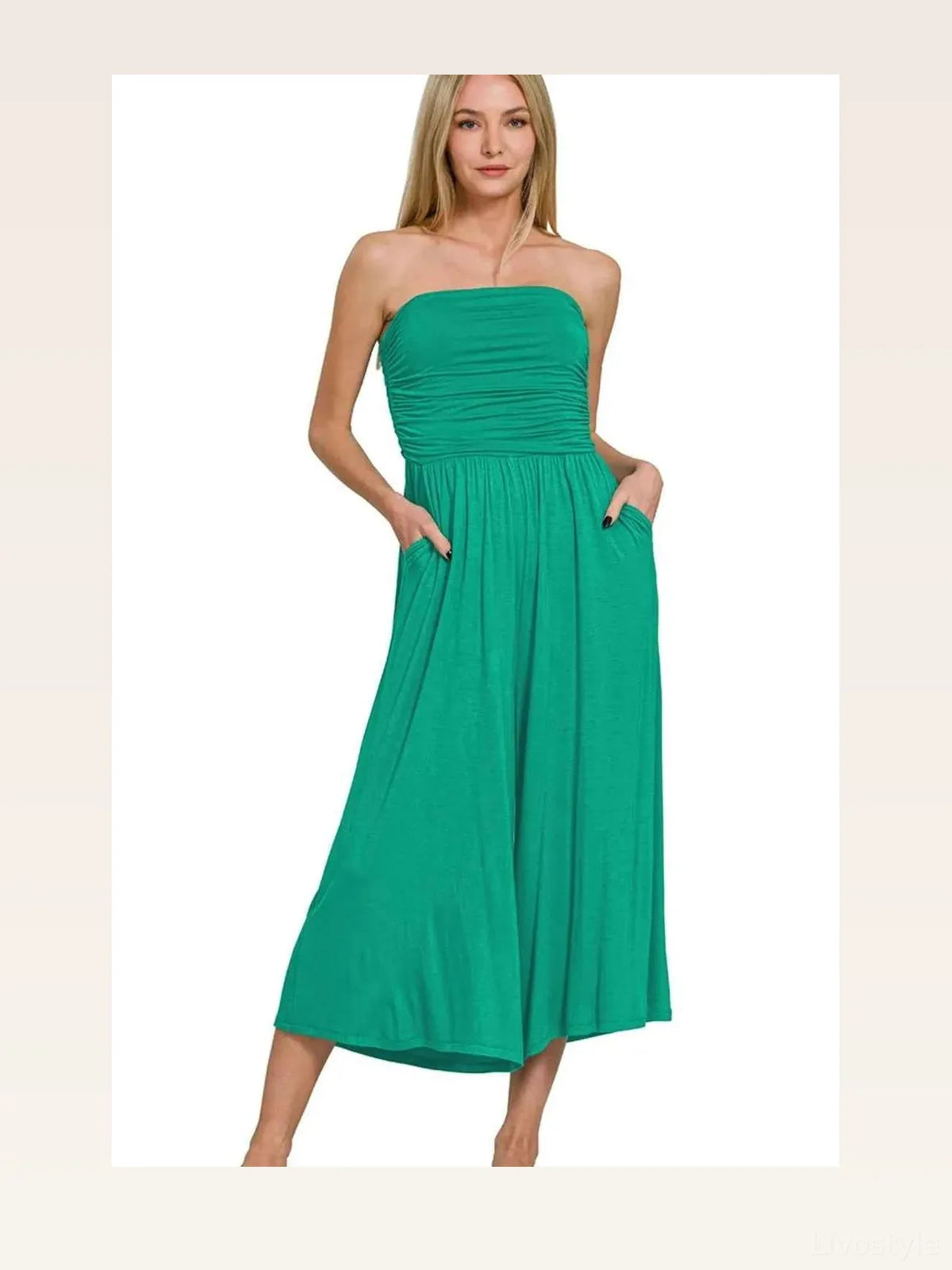 Double Layered Strapless Tube Top Jumpsuit in K GREEN — styled showcase — Livostyle