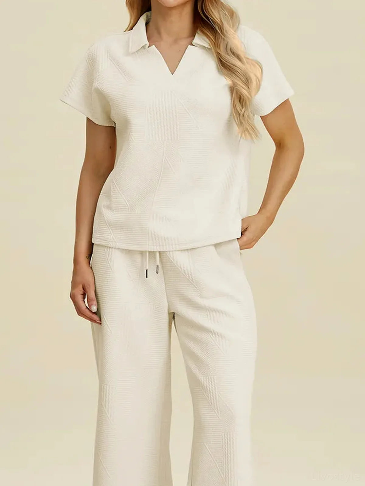 Collared Neck Short Sleeve Top and Pants Set — detail view — Livostyle