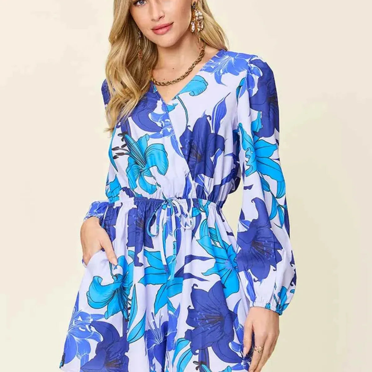 Floral Long Sleeve Romper with Pockets — square view — Livostyle