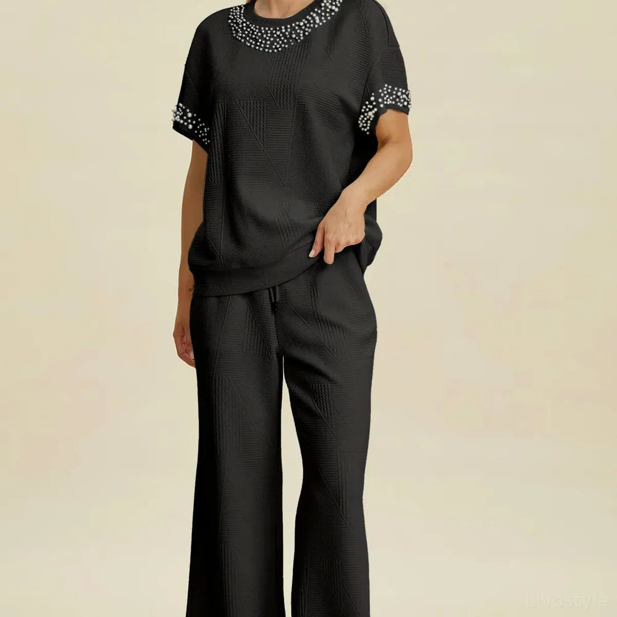 Pearl Detail Round Neck Top and Pants Set — square view — Livostyle