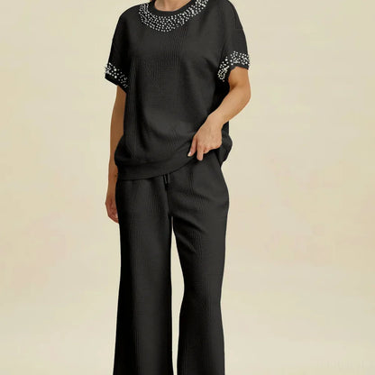 Pearl Detail Round Neck Top and Pants Set — square view — Livostyle
