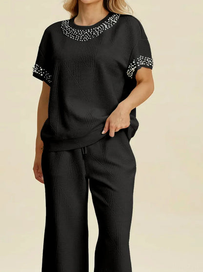 Pearl Detail Round Neck Top and Pants Set — detail view — Livostyle