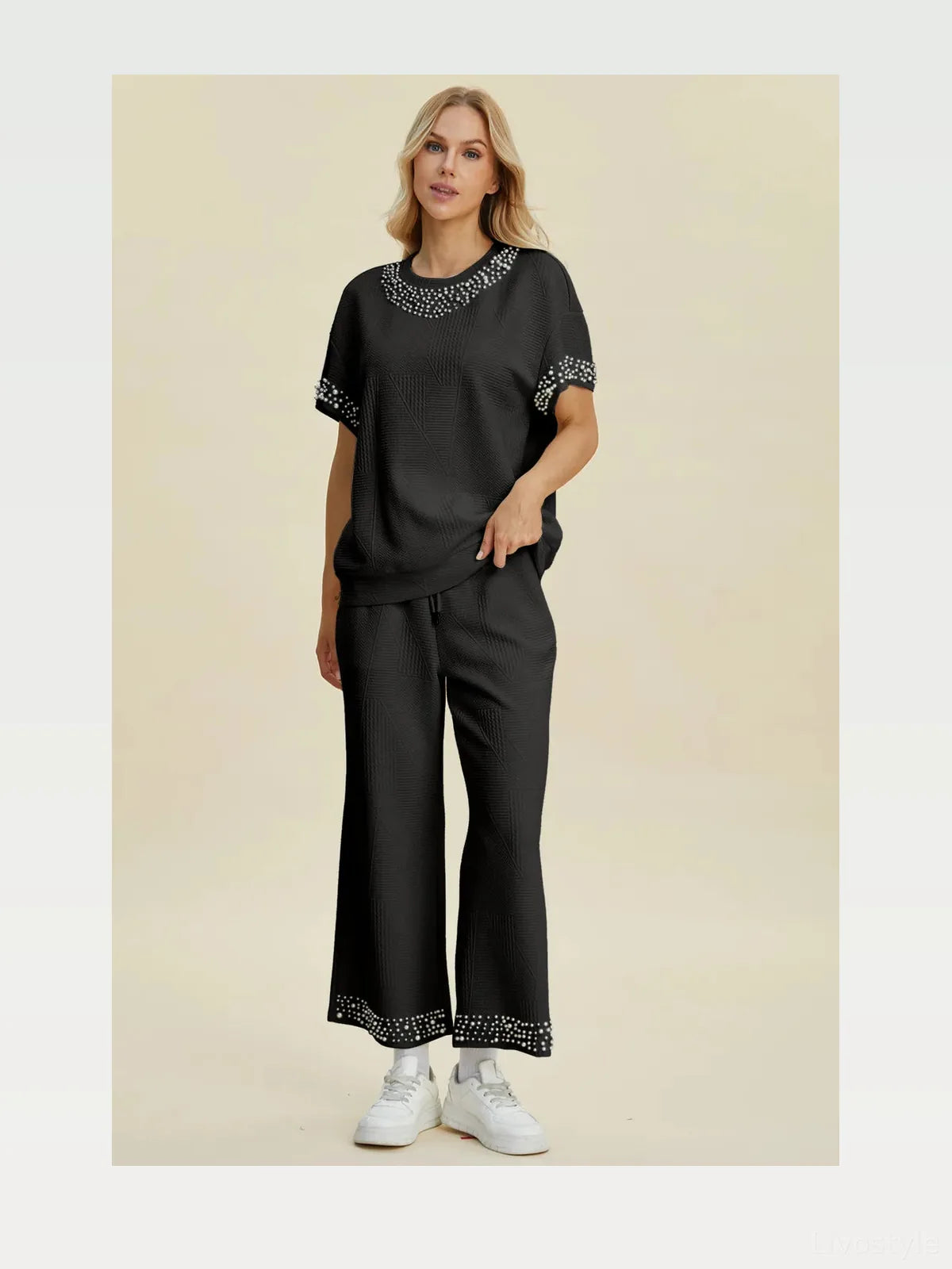 Pearl Detail Round Neck Top and Pants Set — styled showcase — Livostyle