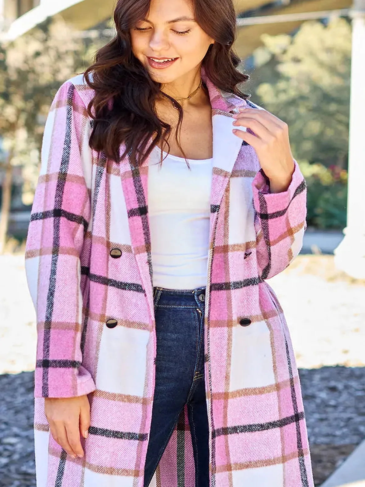 Plaid Button Up Lapel Collar Coat — detail view — Livostyle