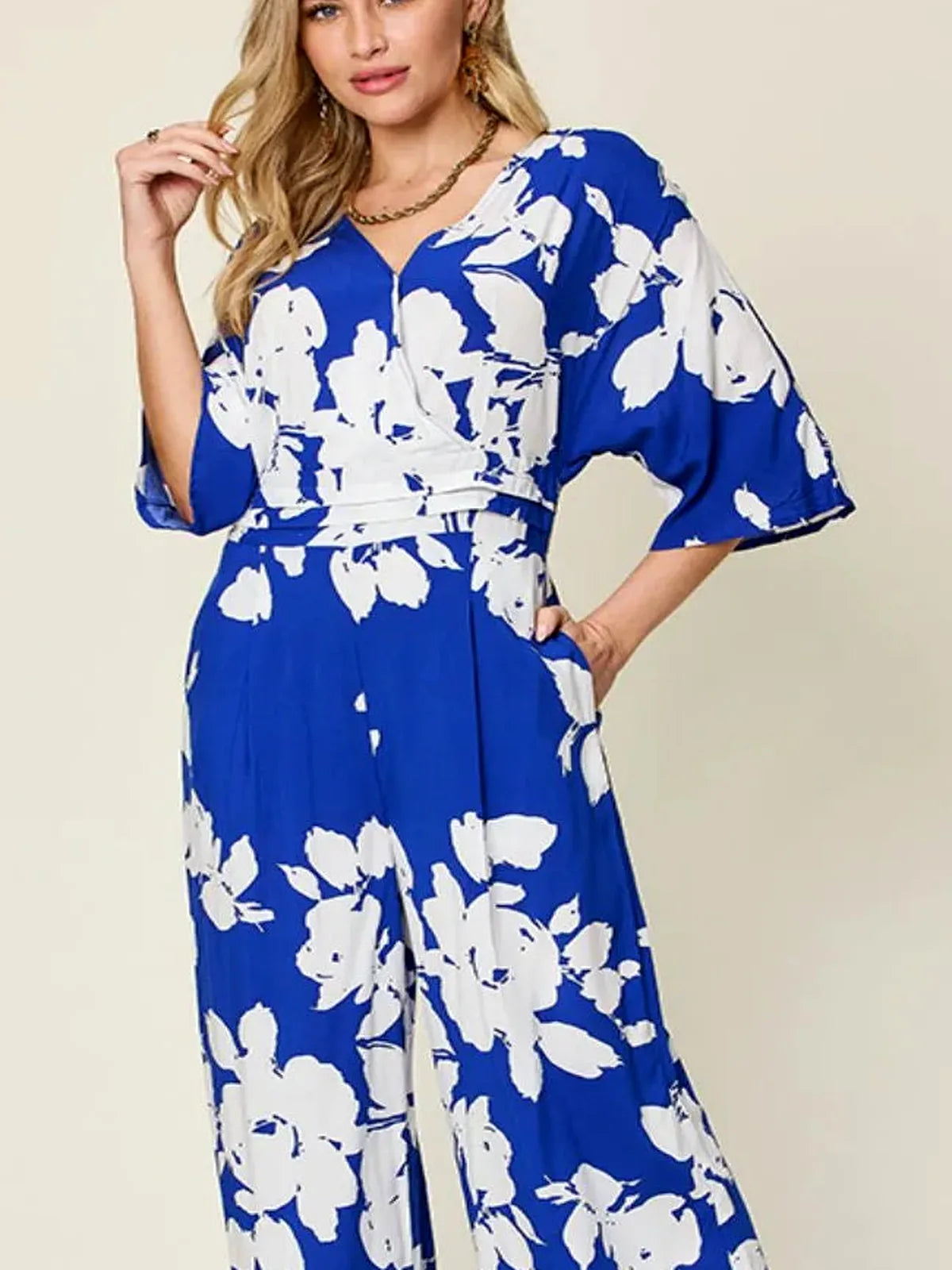 Printed Tie Back Wide Leg Jumpsuit — detail view — Livostyle
