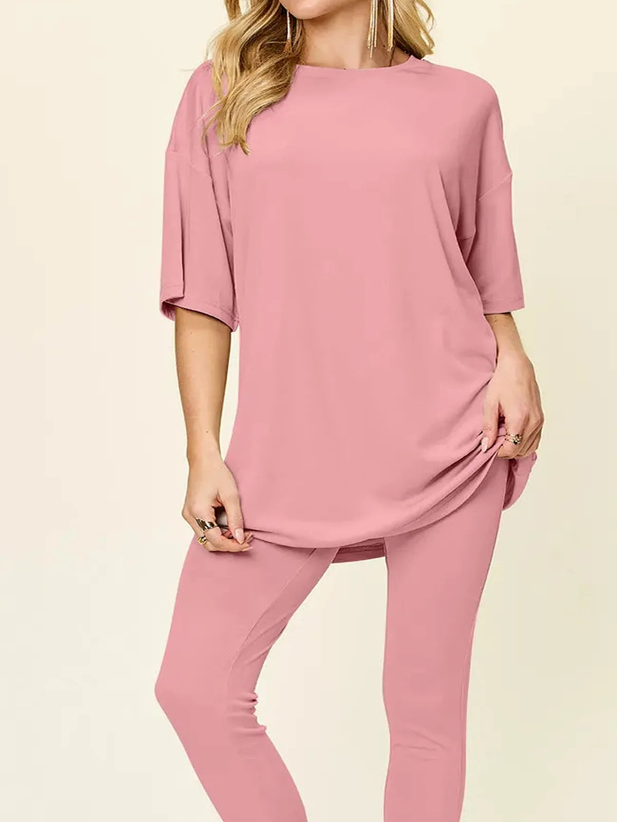 Round Neck Dropped Shoulder T-Shirt and Leggings Set — detail view — Livostyle