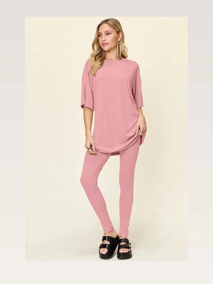 Round Neck Dropped Shoulder T-Shirt and Leggings Set — styled showcase — Livostyle