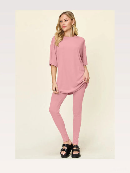 Round Neck Dropped Shoulder T-Shirt and Leggings Set — styled showcase — Livostyle