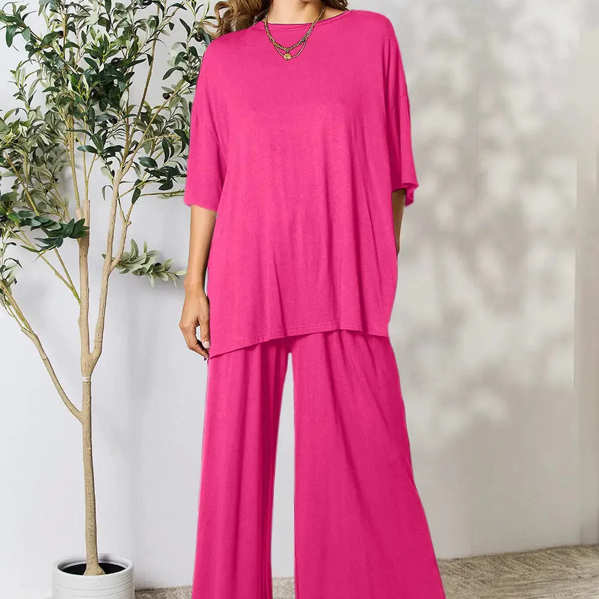 Round Neck Slit Top and Pants Set — square view — Livostyle