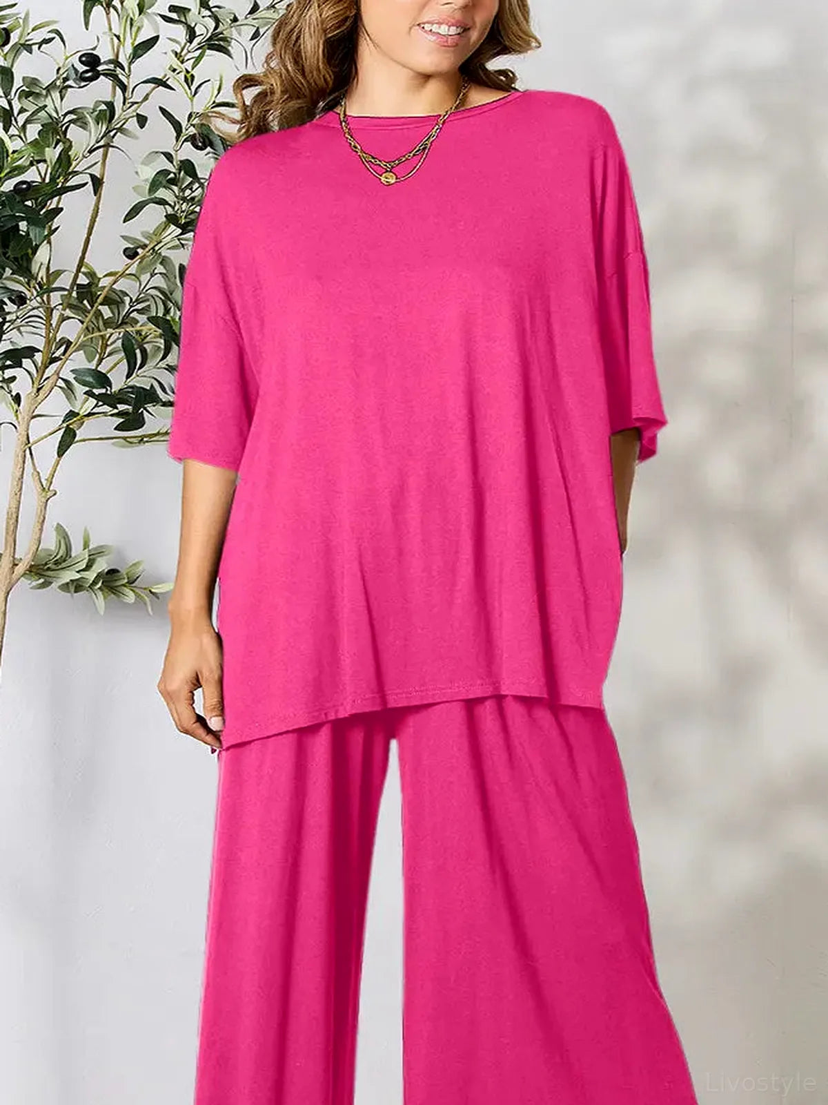 Round Neck Slit Top and Pants Set — detail view — Livostyle