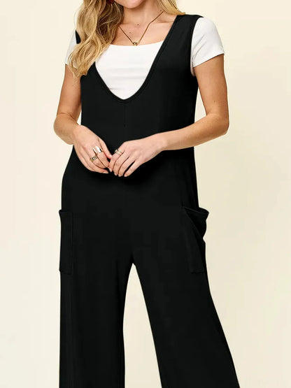Sleeveless Wide Leg Jumpsuit with Pockets — detail view — Livostyle