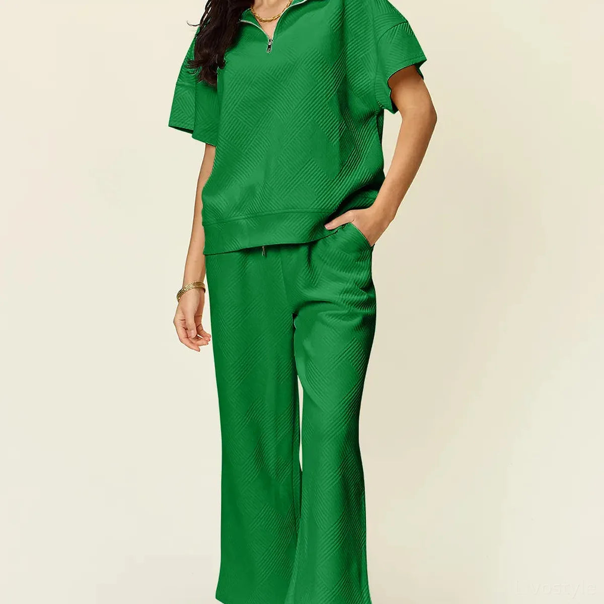 Texture Half Zip Short Sleeve Top and Pants Set — square view — Livostyle