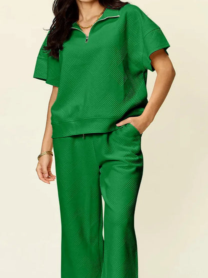 Texture Half Zip Short Sleeve Top and Pants Set — detail view — Livostyle