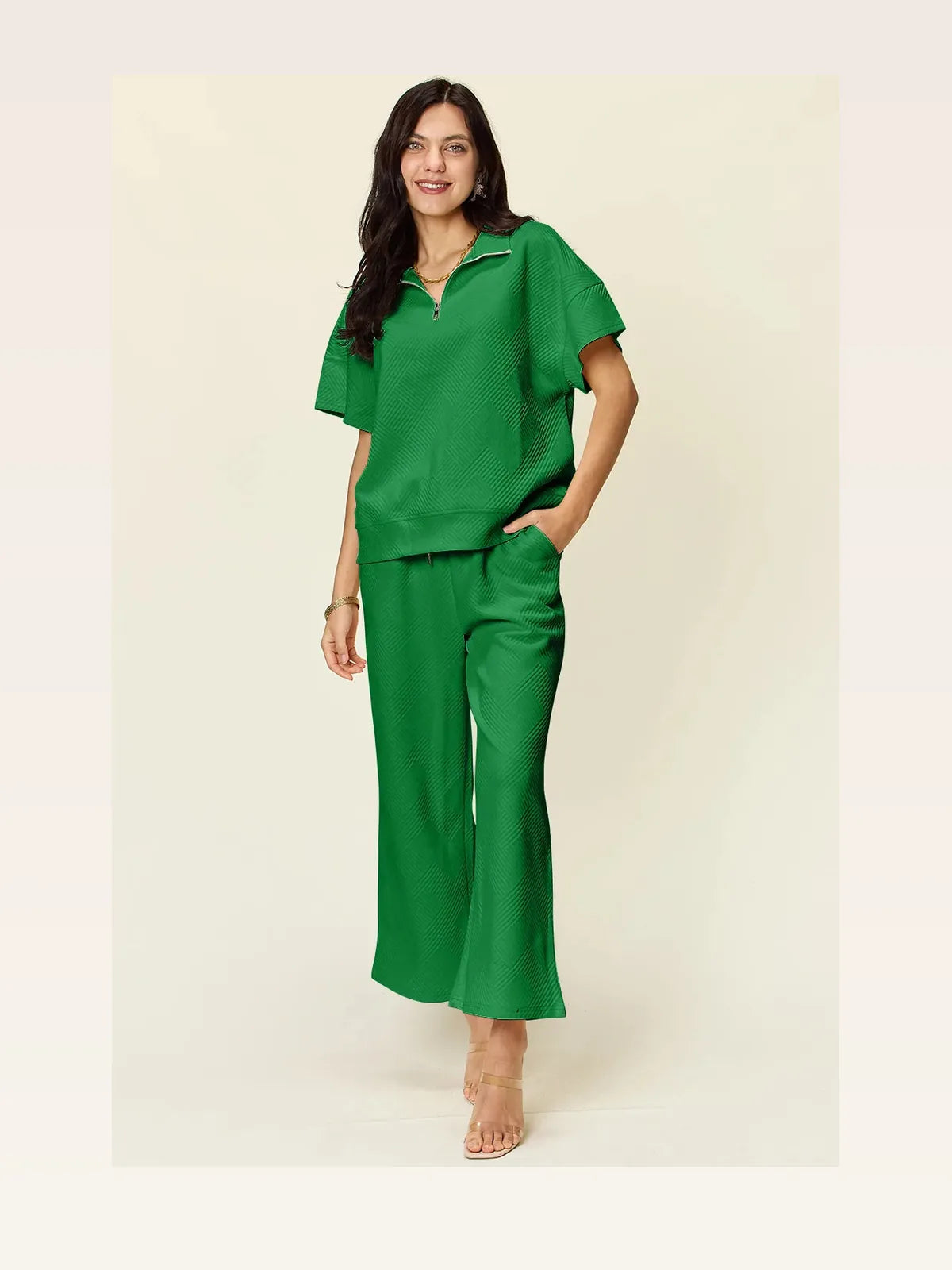 Texture Half Zip Short Sleeve Top and Pants Set — styled showcase — Livostyle