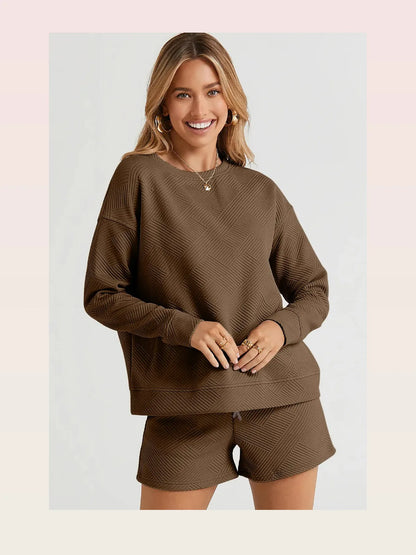 Texture Long Sleeve Top and Drawstring Shorts Set — styled showcase — Livostyle
