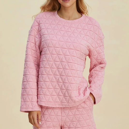 Texture Round Neck Long Sleeve Top and Shorts Set — square view — Livostyle