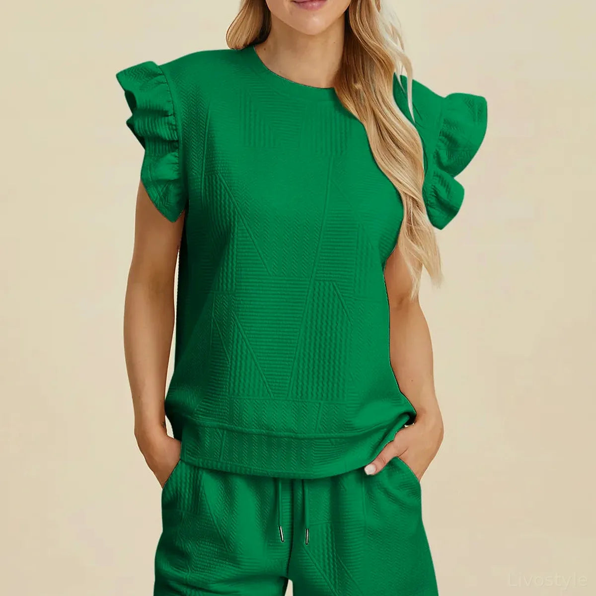 Texture Round Neck Ruffle Sleeve Top and Shorts Set — square view — Livostyle