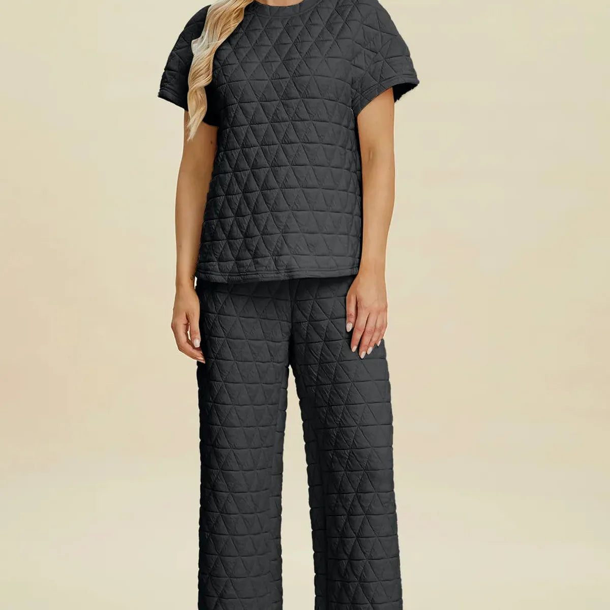 Texture Round Neck Short Sleeve Top and Pants Set — square view — Livostyle