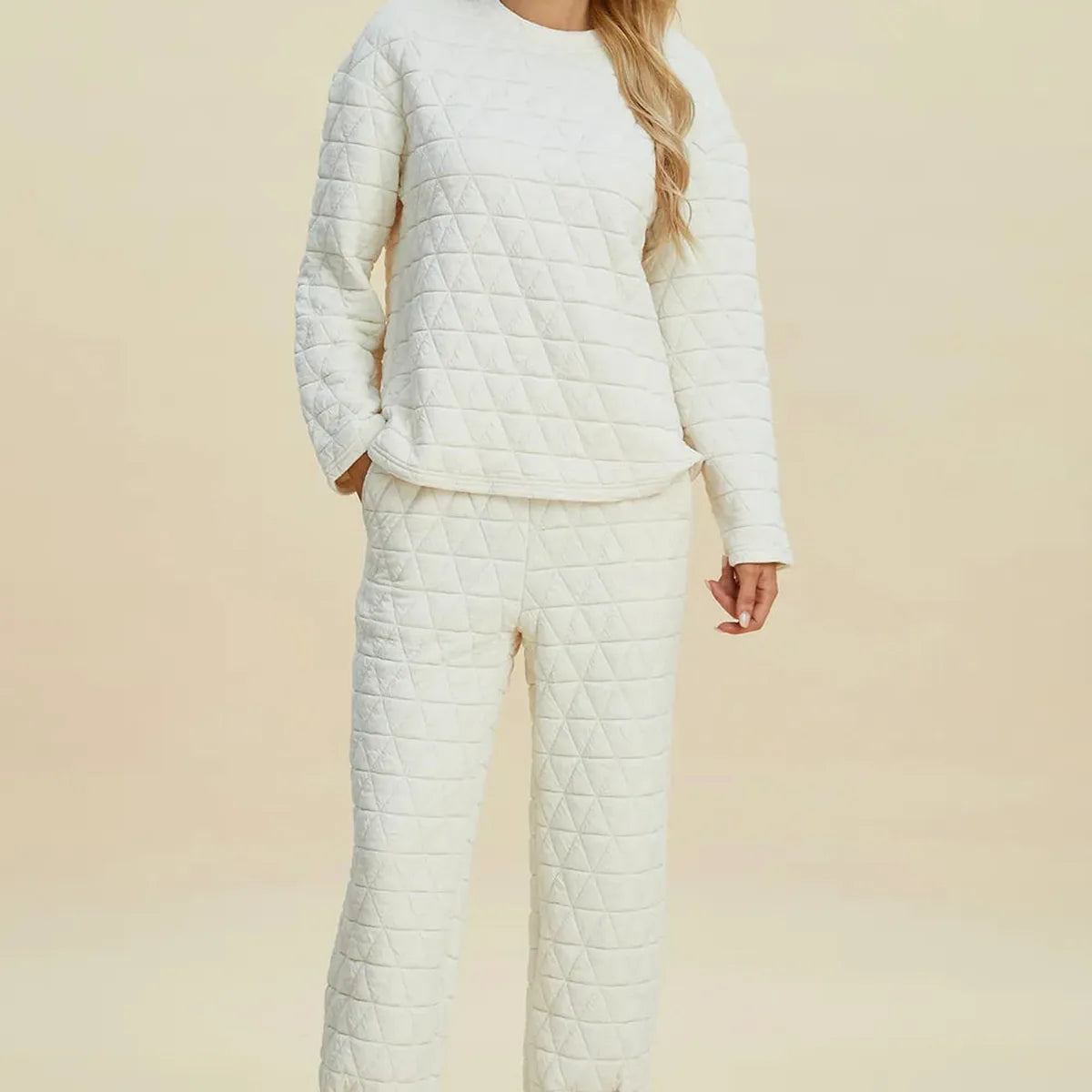 Texture Round Neck Long Sleeve Top and Pants Set — square view — Livostyle