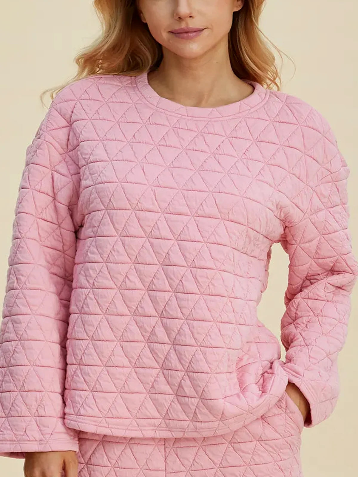 Texture Round Neck Long Sleeve Top and Shorts Set — detail view — Livostyle