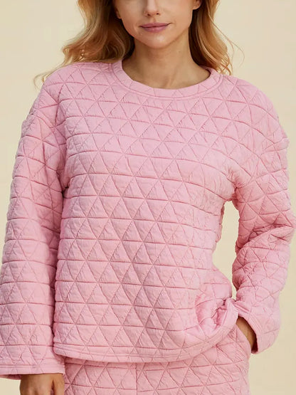 Texture Round Neck Long Sleeve Top and Shorts Set — detail view — Livostyle