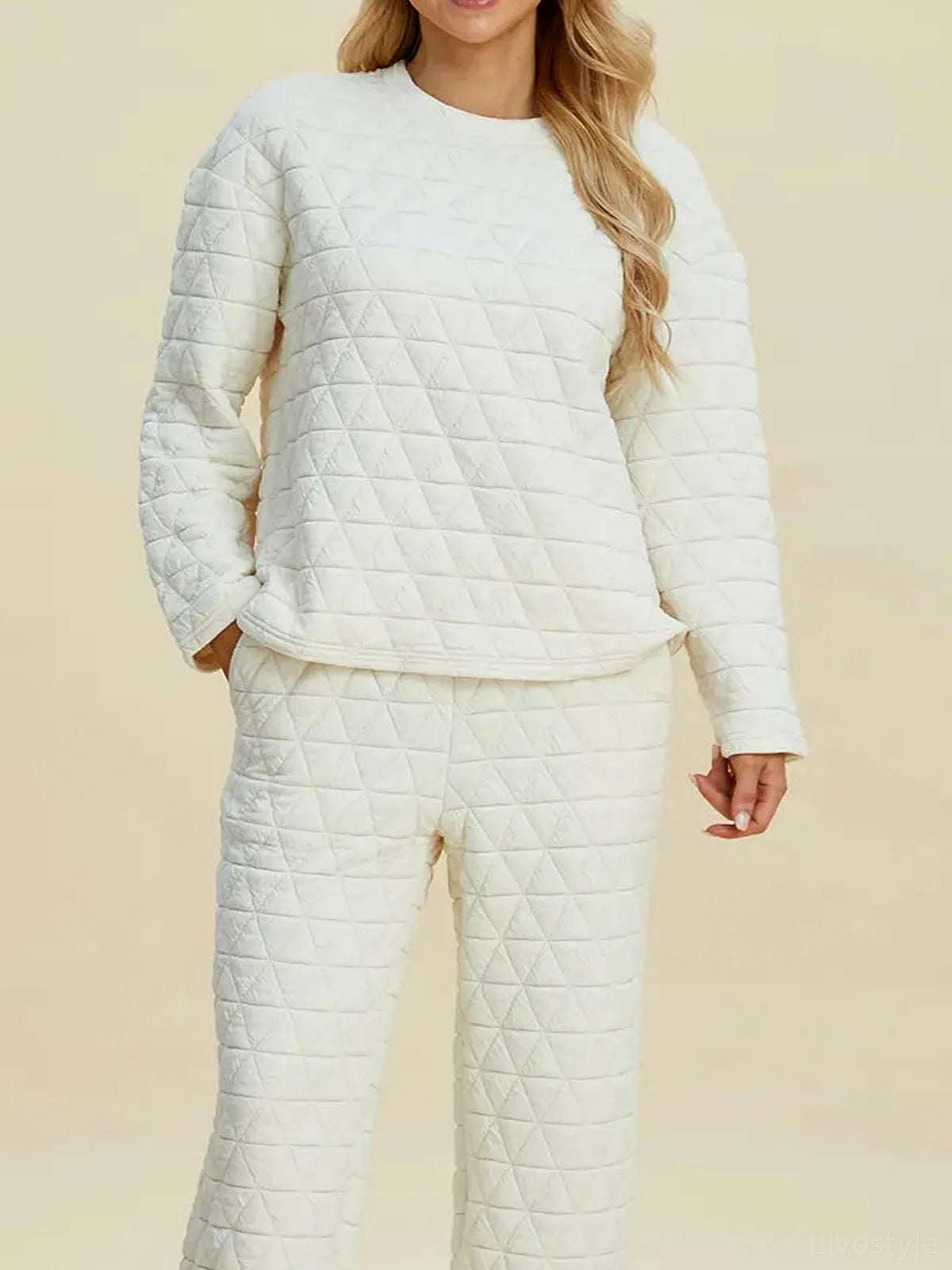 Texture Round Neck Long Sleeve Top and Pants Set — detail view — Livostyle