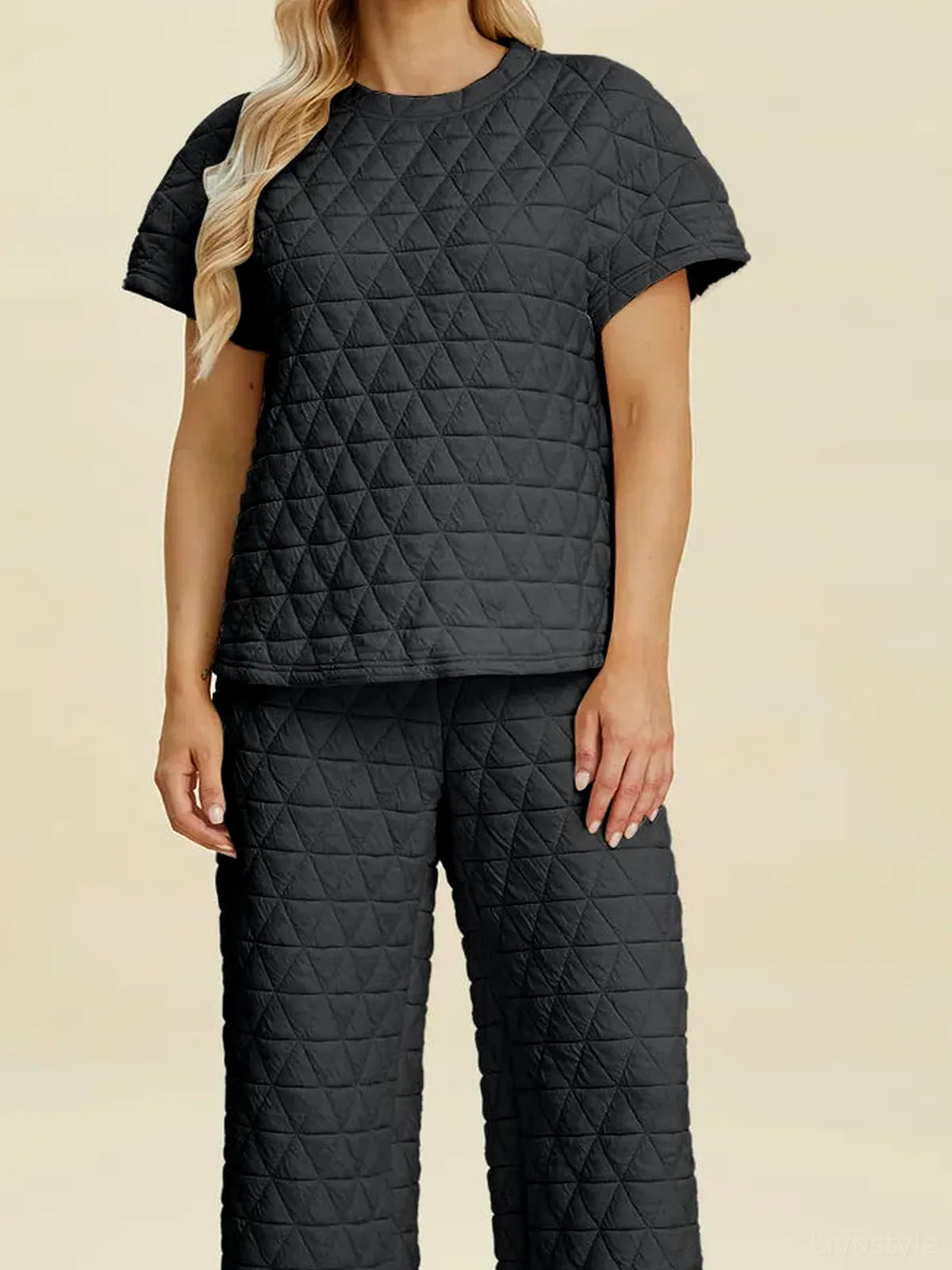 Texture Round Neck Short Sleeve Top and Pants Set — detail view — Livostyle