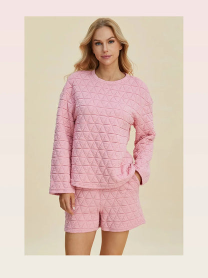 Texture Round Neck Long Sleeve Top and Shorts Set — styled showcase — Livostyle