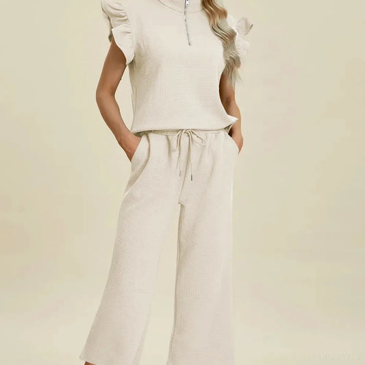 Texture Ruffle Short Sleeve Top and Wide Leg Pants Set — square view — Livostyle