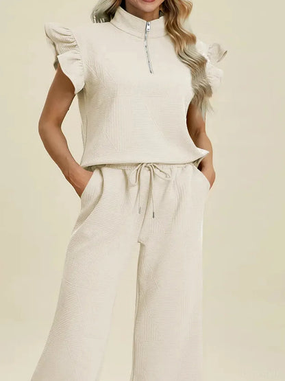 Texture Ruffle Short Sleeve Top and Wide Leg Pants Set — detail view — Livostyle