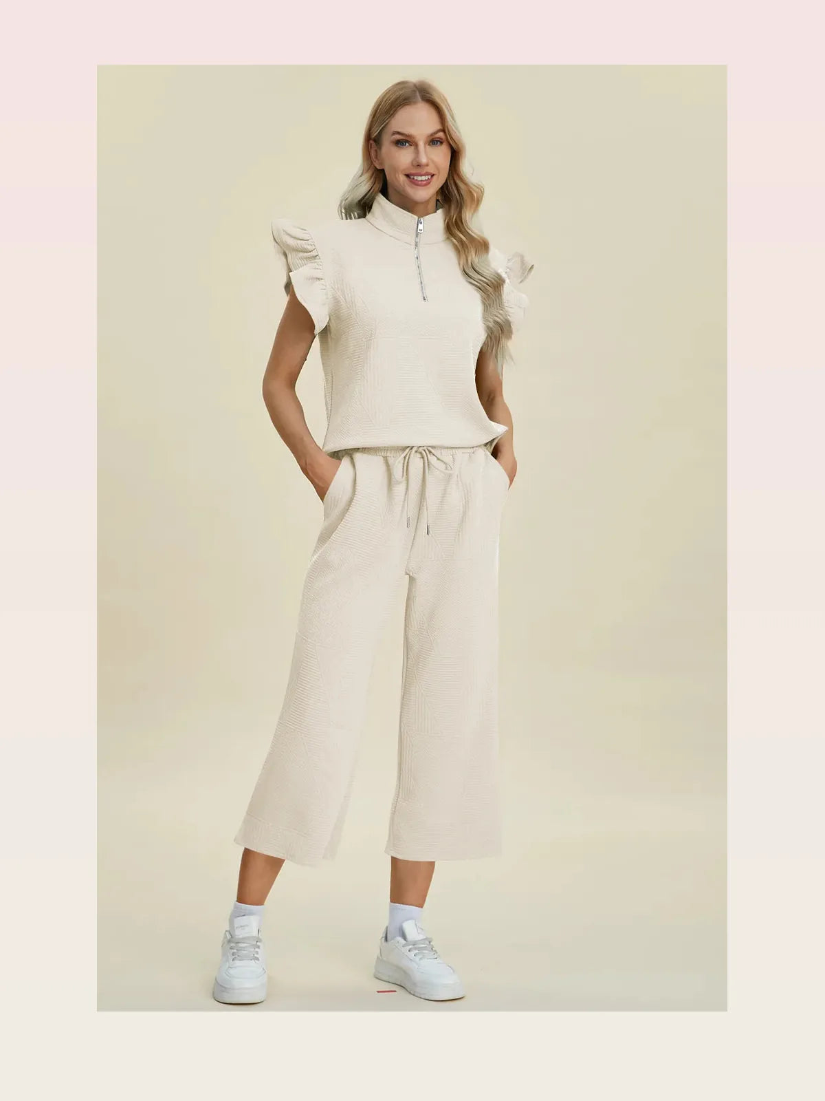 Texture Ruffle Short Sleeve Top and Wide Leg Pants Set — styled showcase — Livostyle