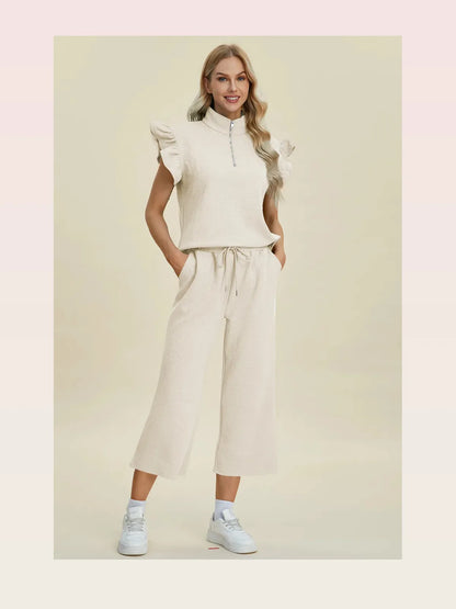 Texture Ruffle Short Sleeve Top and Wide Leg Pants Set — styled showcase — Livostyle