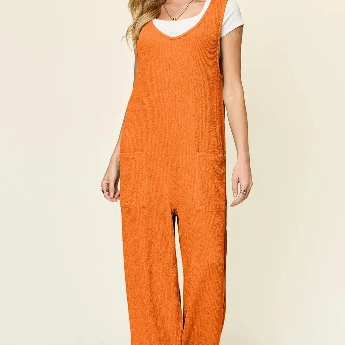Texture Sleeveless Wide Leg Jumpsuit — square view — Livostyle