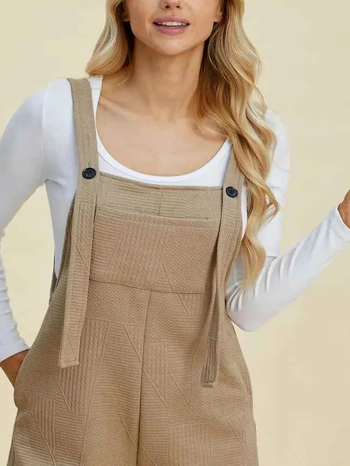 Beige Textured Scoop Neck Sleeveless Romper — detail view — Livostyle