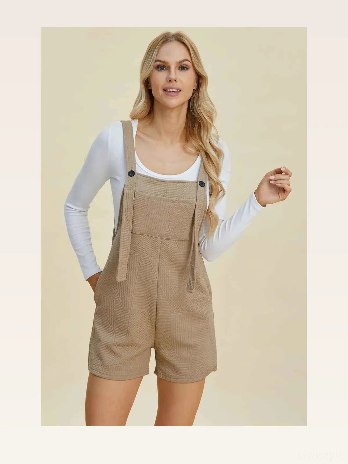 Beige Textured Scoop Neck Sleeveless Romper — styled showcase — Livostyle