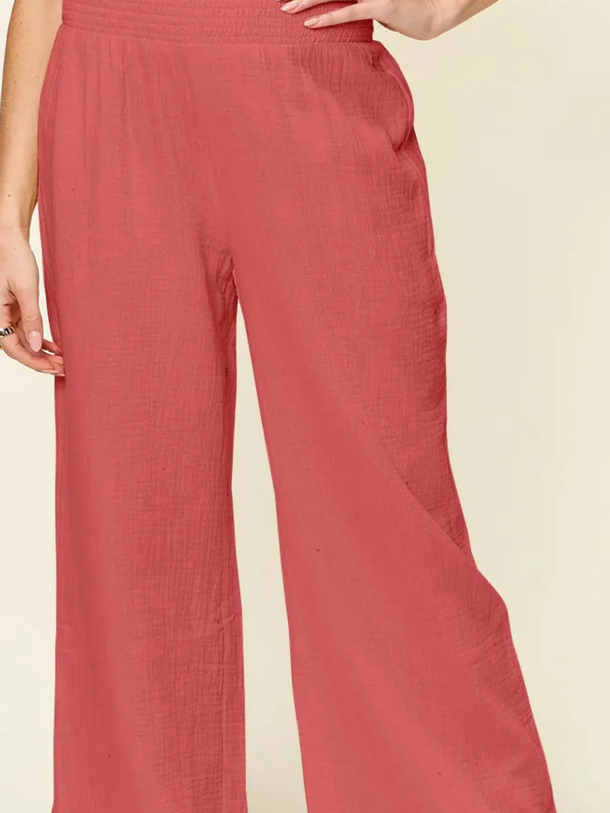 Texture Smocked Waist Wide Leg Pants — detail view — Livostyle