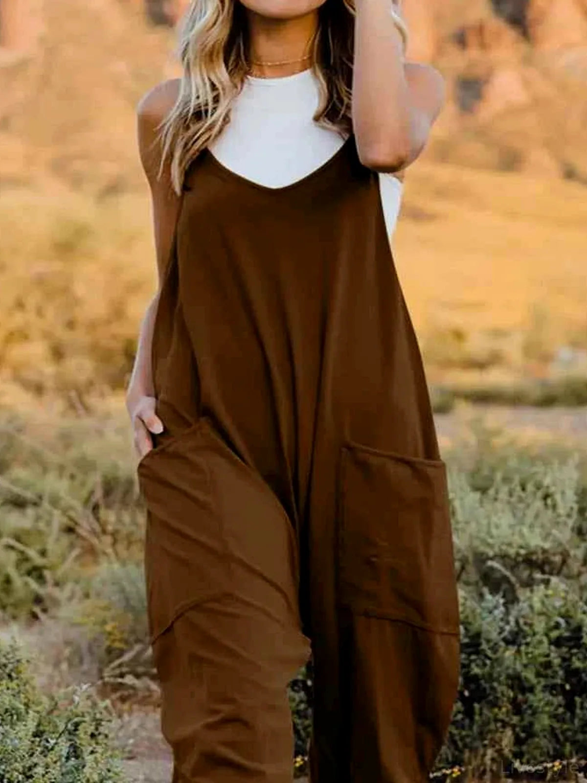 V-Neck Sleeveless Jumpsuit with Pockets — detail view — Livostyle