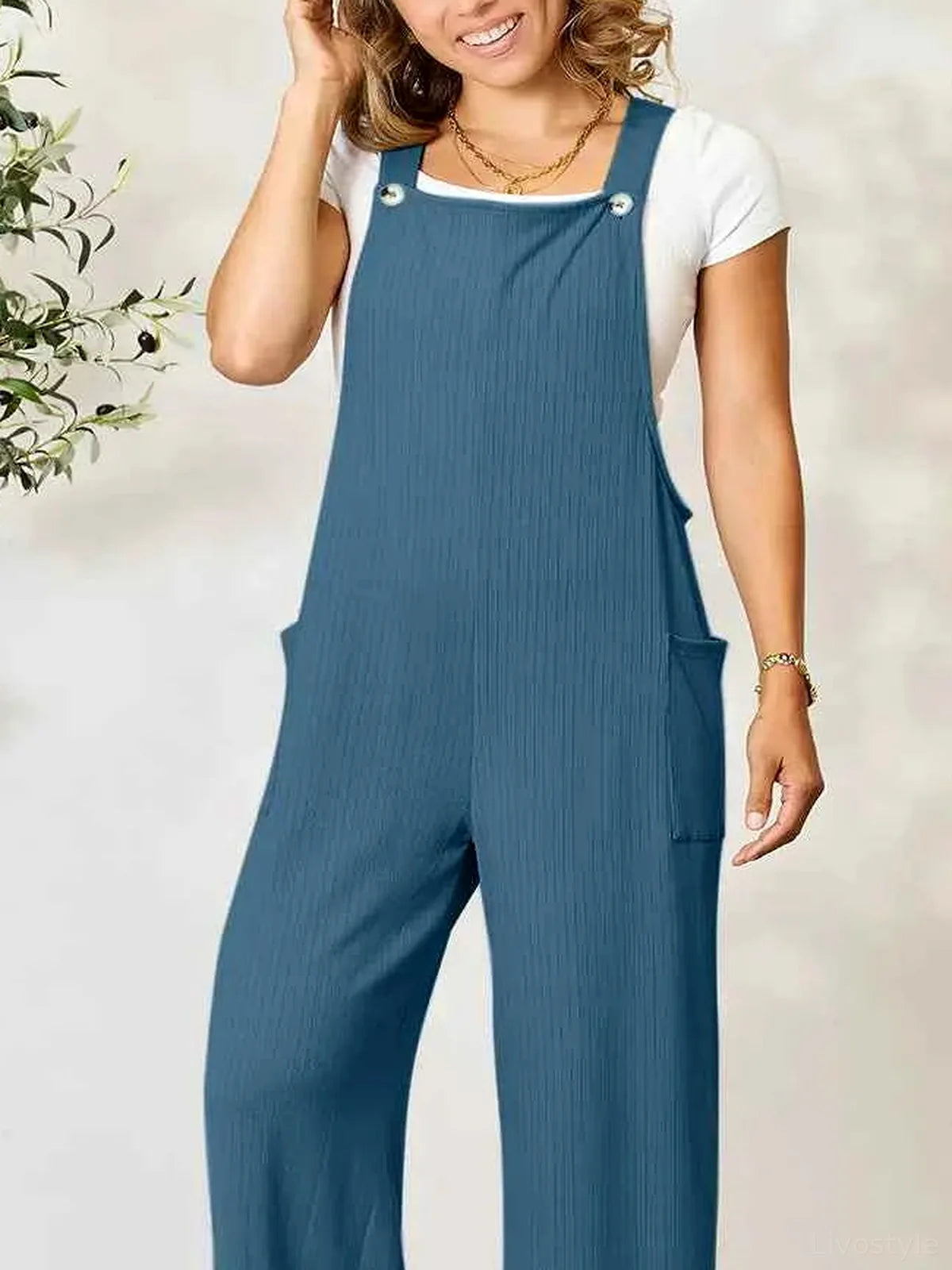 Wide Strap Overall with Pockets — detail view — Livostyle