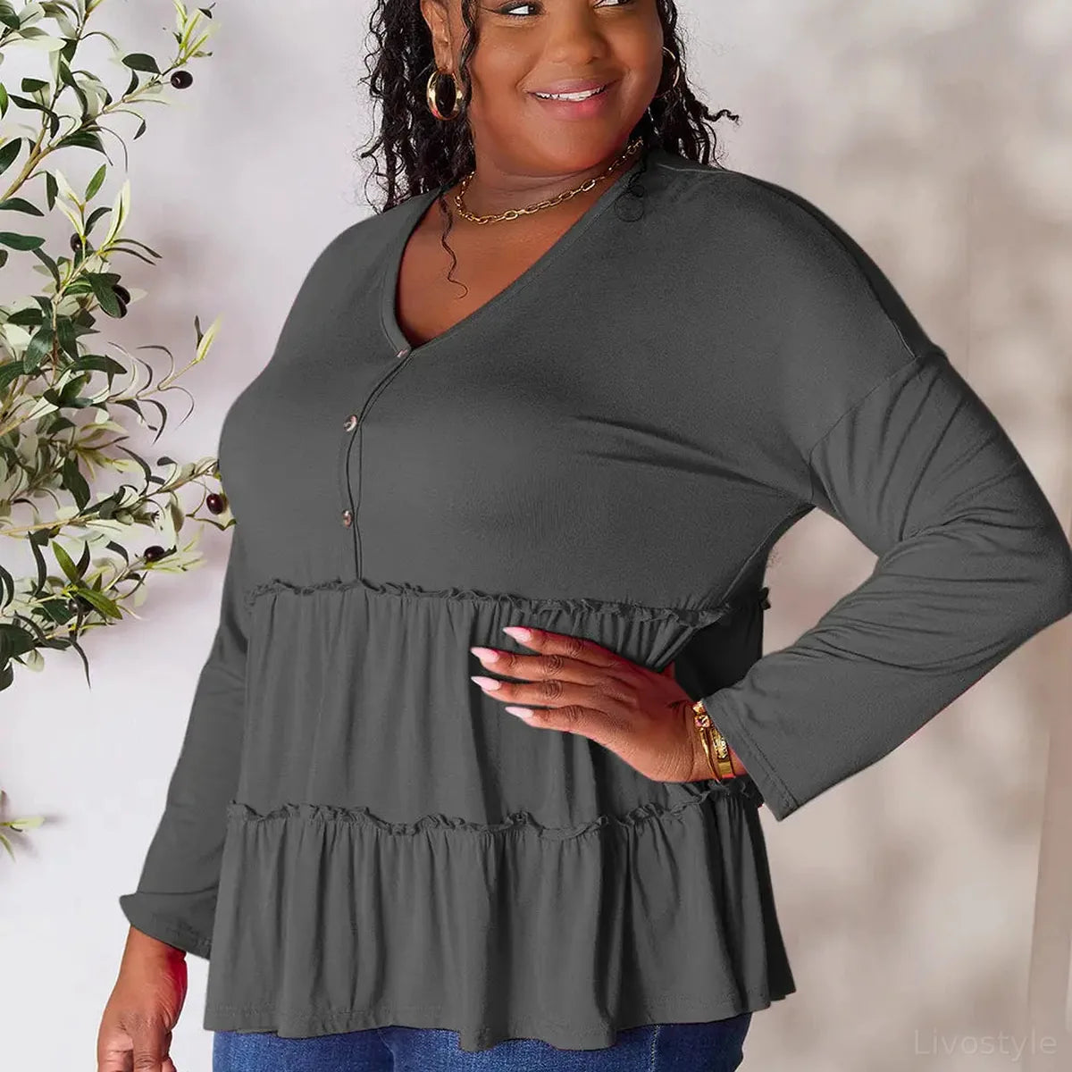 Chic Half-Button Long Sleeve Blouse with Ruffle Hem — square view — Livostyle