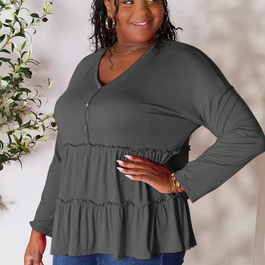 Chic Half-Button Long Sleeve Blouse with Ruffle Hem — square view — Livostyle
