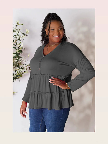 Chic Half-Button Long Sleeve Blouse with Ruffle Hem — styled showcase — Livostyle