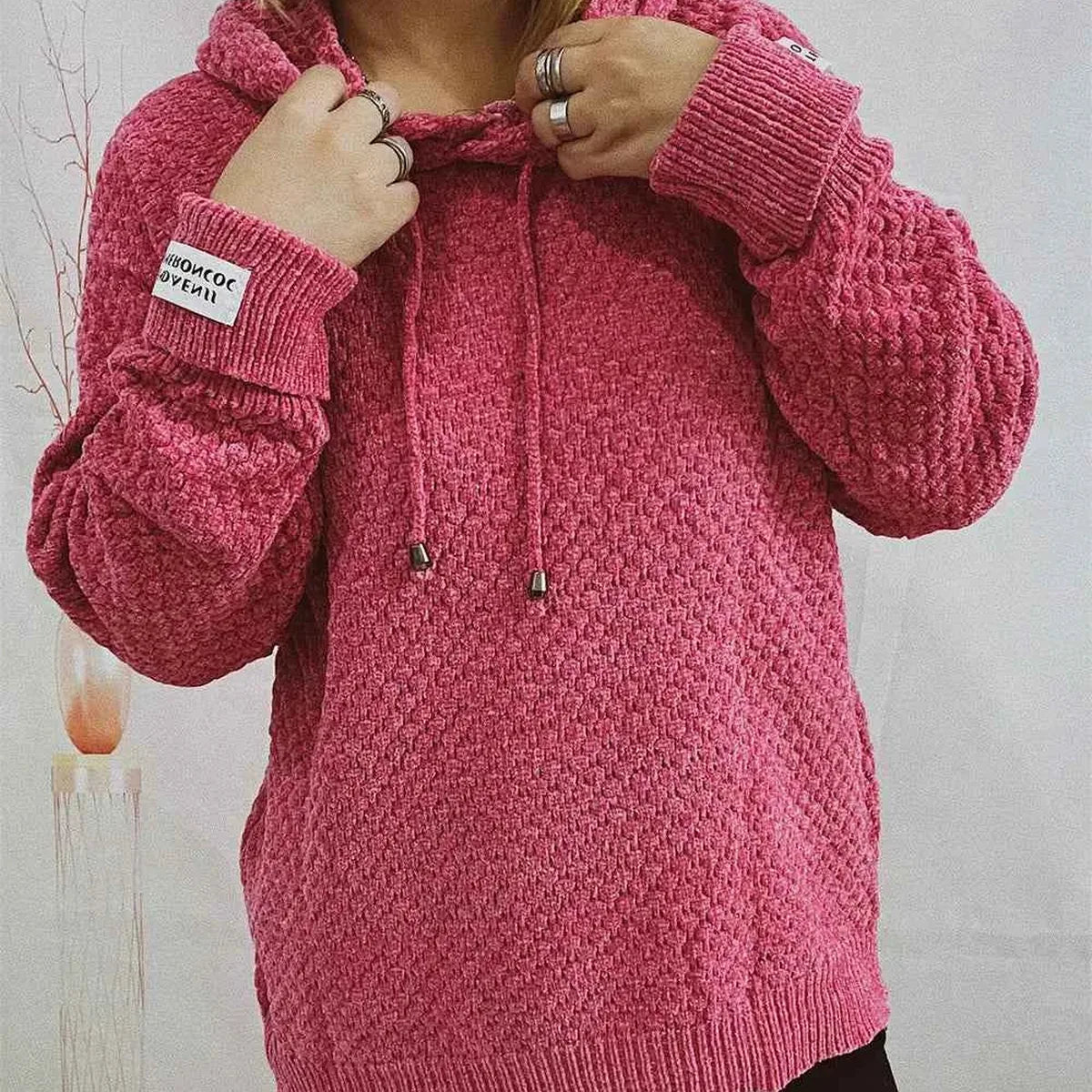 Drawstring Long Sleeve Hooded Sweater — square view — Livostyle