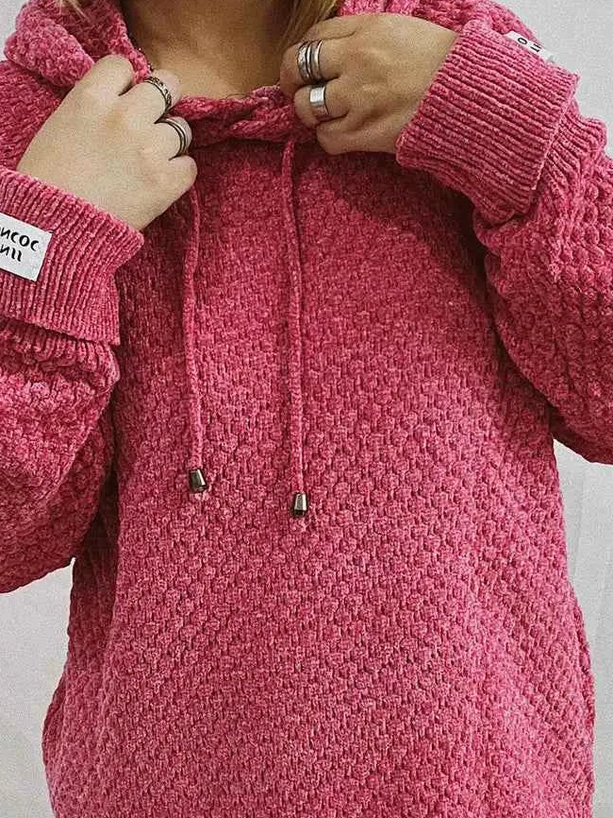 Drawstring Long Sleeve Hooded Sweater — detail view — Livostyle