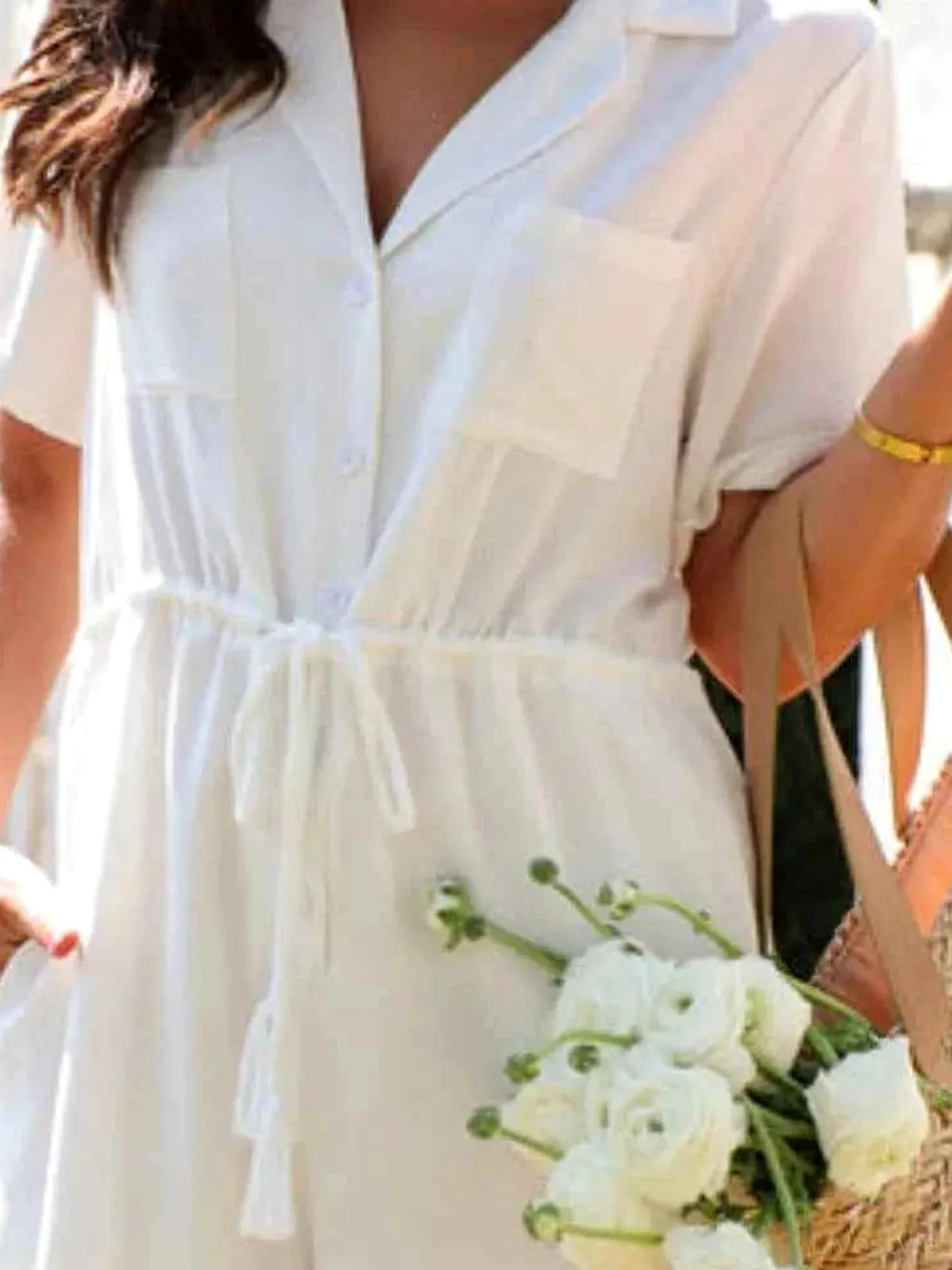 Drawstring Short Sleeve Romper — detail view — Livostyle