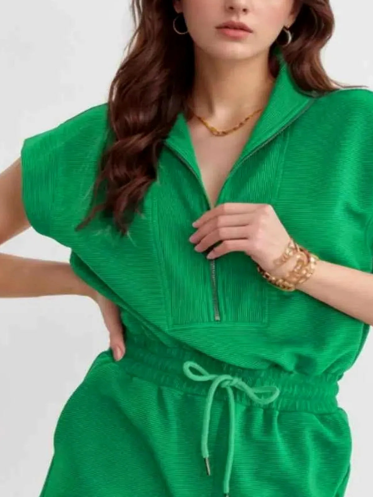 Drawstring Waist Half Zip Romper — detail view — Livostyle