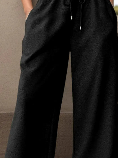 Black Drawstring Wide Leg Active Pants — detail view — Livostyle