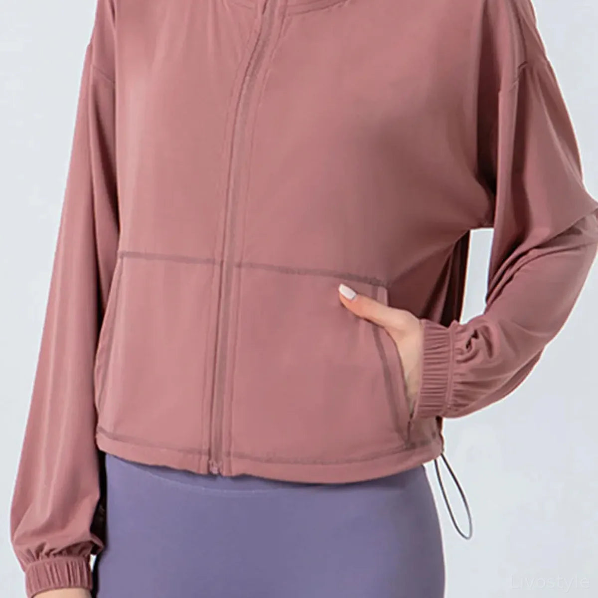 Drawstring Zip Up Dropped Shoulder Active Outerwear — square view — Livostyle